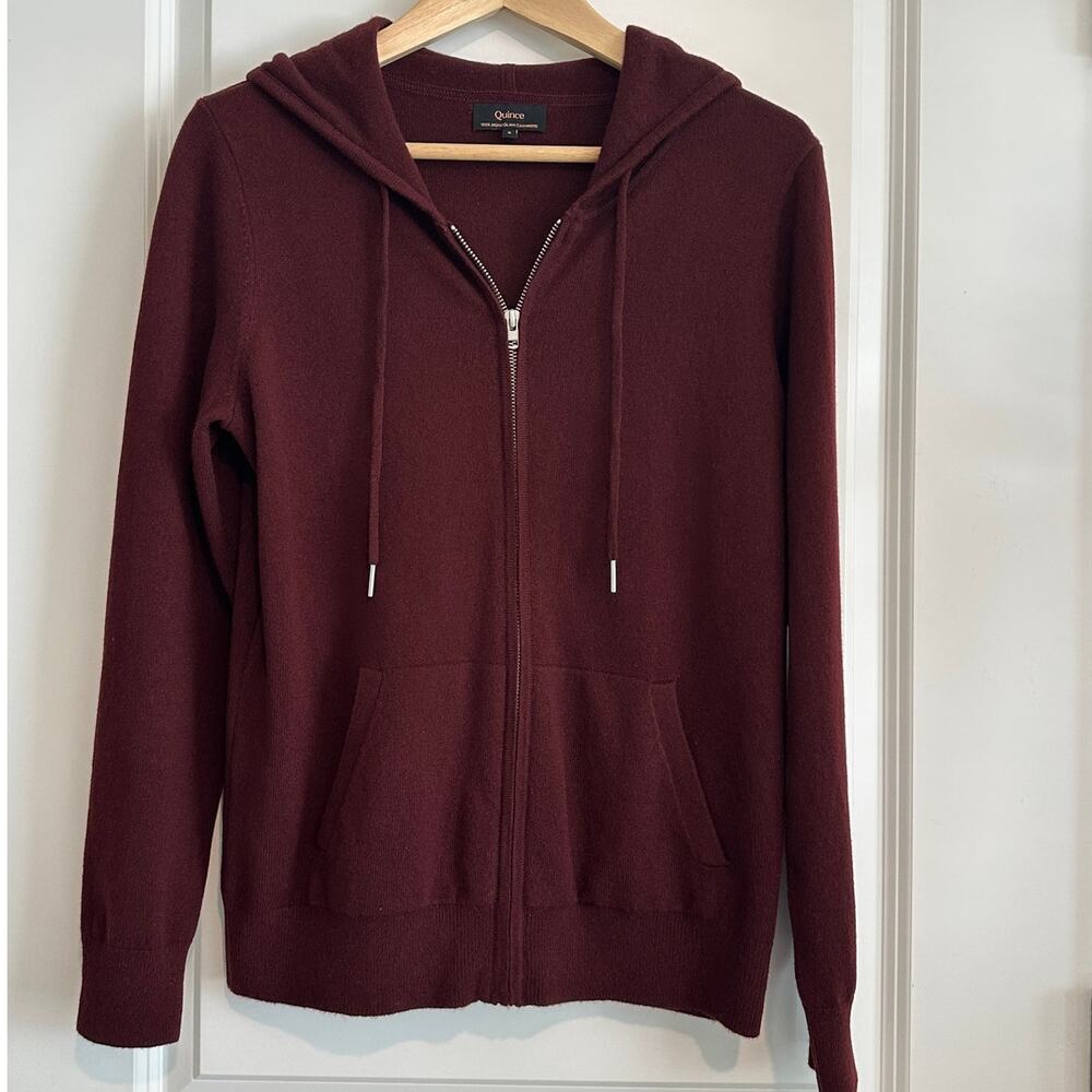 Quince 100% Mongolian Cashmere Full-Zip Hoodie Rich Burgundy Size S - Picture 2 of 12
